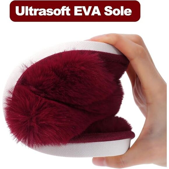 Women's Fuzzy Slippers Cross Band Red Memory Foam House Slippers Open Toe - Picture 3 of 4